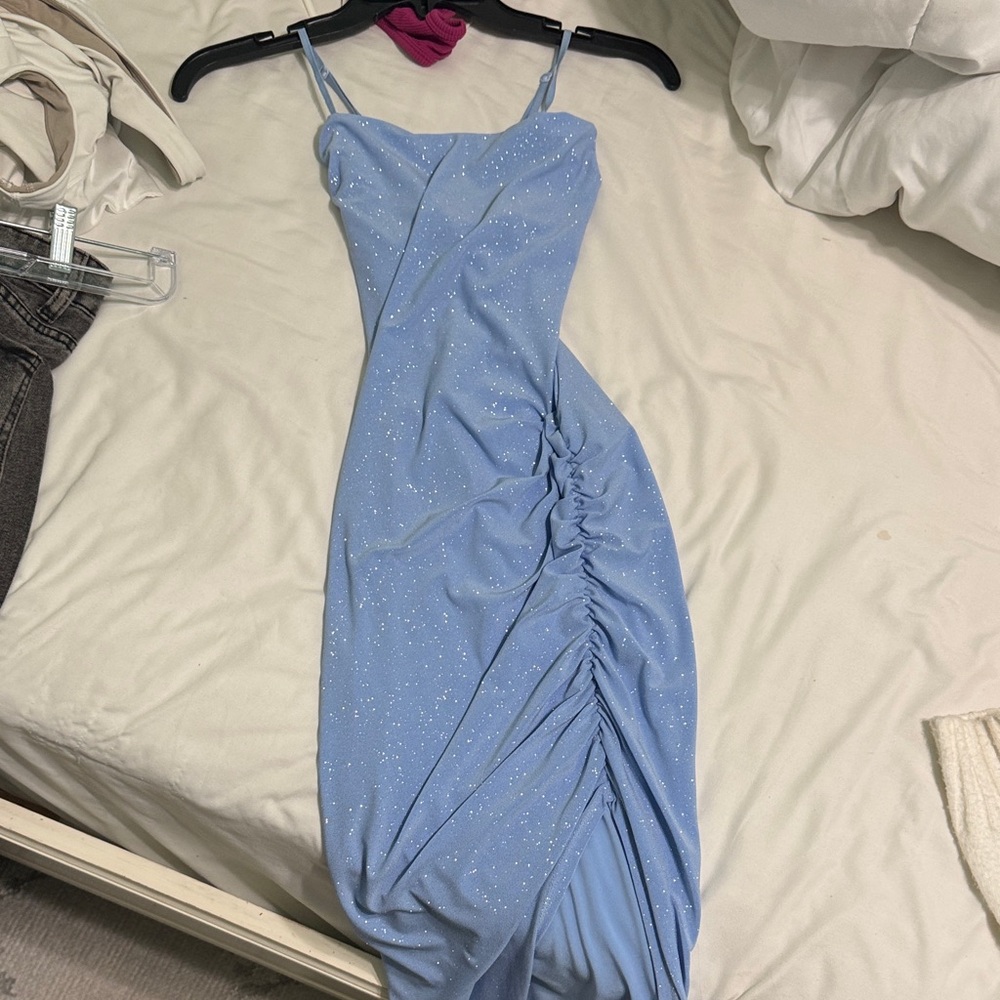 Blue Midi Ruched Windsor dress- Cowl Neckline